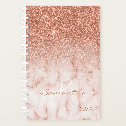 Rose Gold Glitzer Ombre Marble Jährliche Monogramm Planer (Vorderseite)