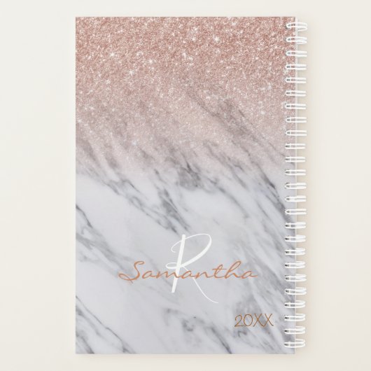Rose Gold Glitzer Ombre Marble Jährliche Monogramm Planer (Rückseite)