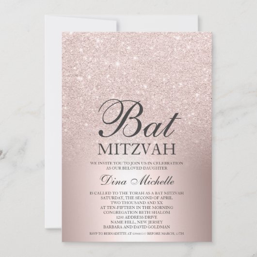 Rose Gold Glitzer ombre Metallic chic Bat Mitzvah Einladung (Vorderseite)