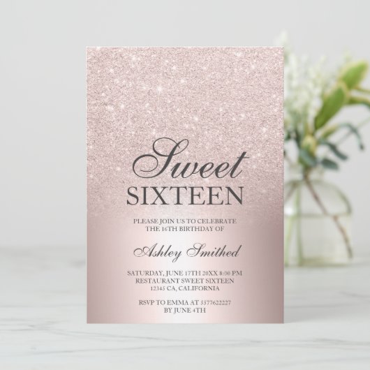 Rose Gold Glitzer ombre Metallic Chic Sweet 16 Einladung (Stehend Vorderseite)