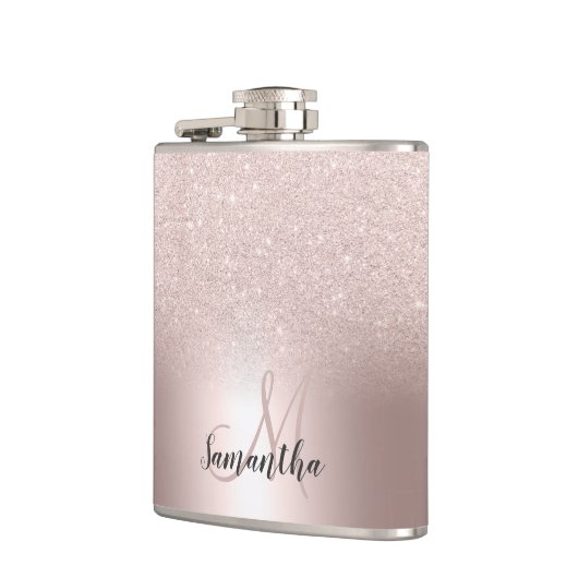 Rose Gold Glitzer ombre Metallic Folie Monogramm Flachmann (Links)