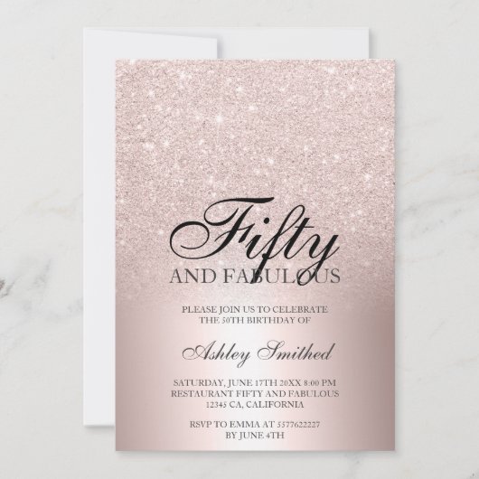 Rose Gold Glitzer ombre metallic fünfzig fabelhaft Einladung (Vorderseite)