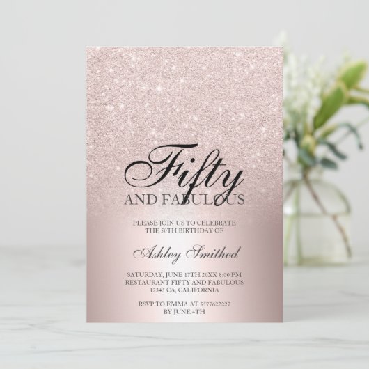 Rose Gold Glitzer ombre metallic fünfzig fabelhaft Einladung (Stehend Vorderseite)