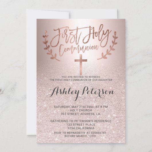 Rose Gold Glitzer ombre Metallische erste Kommune Einladung (Vorderseite)
