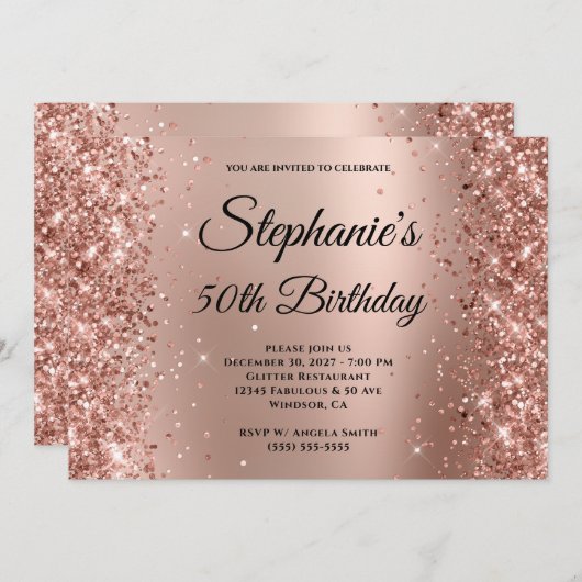 Rose Gold Glitzer Ombre Mit Monogramm 50. Geburtst Einladung (Vorne/Hinten)