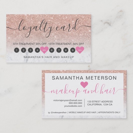 Rose Gold Glitzer ombre Skript Makeup Marmor 10 än Treuekarte (Vorne/Hinten)