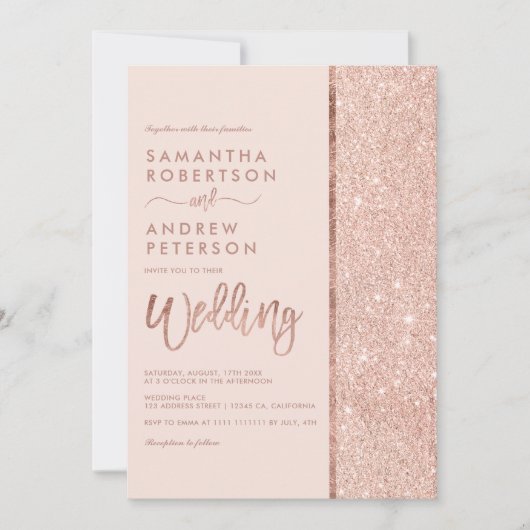 Rose Gold Glitzer Pastellrosa Farbblock Hochzeit Einladung (Vorderseite)