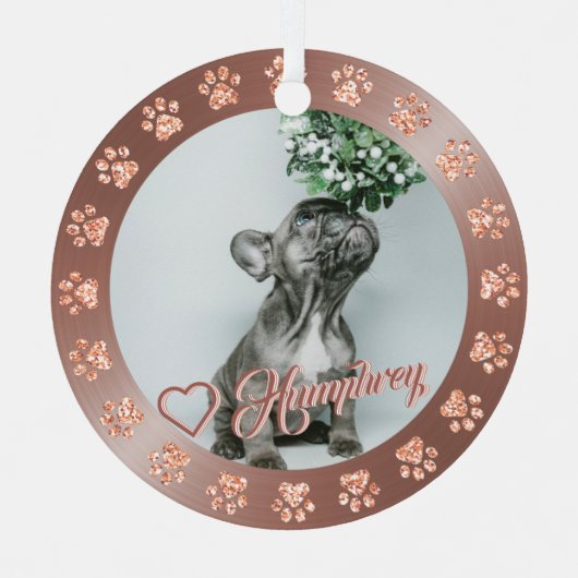 Rose Gold + Glitzer Paw Pet Name Weihnachtsbaum Ornament Aus Metall (Vorderseite)