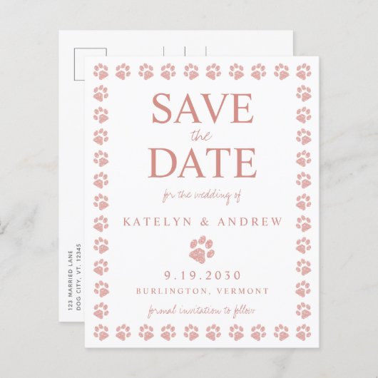 Rose Gold Glitzer Paw Print Save the Date Postkart (Vorne/Hinten)