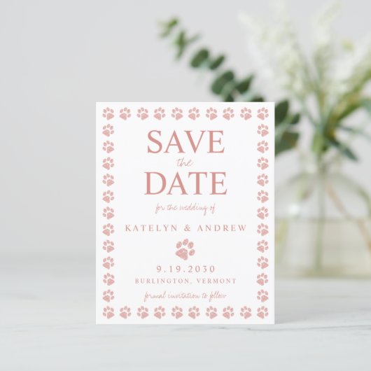 Rose Gold Glitzer Paw Print Save the Date Postkart (Stehend Vorderseite)