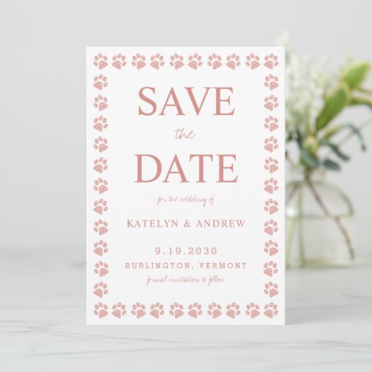 Rose Gold Glitzer Paw Print Wedding Save the Date Einladung (Stehend Vorderseite)