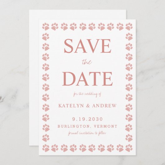 Rose Gold Glitzer Paw Print Wedding Save the Date Einladung (Vorne/Hinten)
