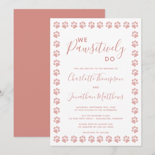Rose Gold Glitzer Paw Prints Einladung Hochzeit (Vorne/Hinten)