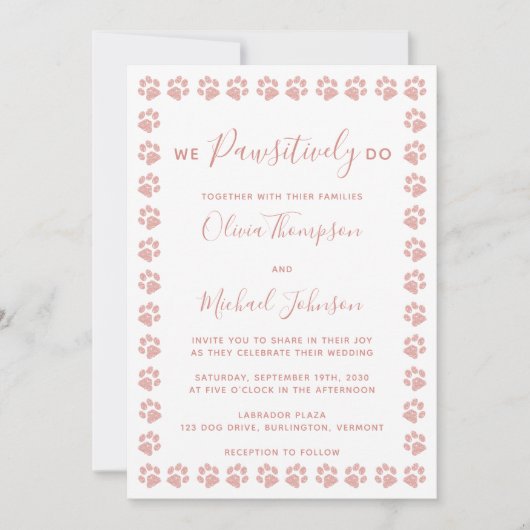 Rose Gold Glitzer Paw Prints Einladung Hochzeit (Vorderseite)