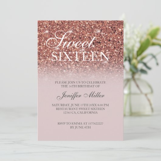 Rose Gold Glitzer Personalisiert Name Einladung (Stehend Vorderseite)