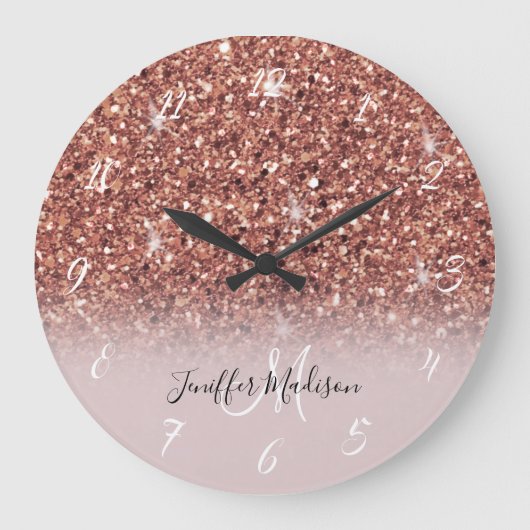 Rose Gold Glitzer Personalisiert Name Große Wanduhr (Vorderseite)