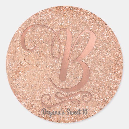 Rose Gold Glitzer Personalisierter Anfangsbuchstab Runder Aufkleber (Vorderseite)