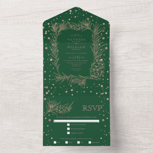 Rose Gold Glitzer Pine Smaragdgrüne Hochzeit All In One Einladung (Innen Boden)