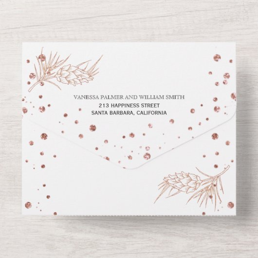 Rose Gold Glitzer Pine Smaragdgrüne Hochzeit All In One Einladung (Rückseite)