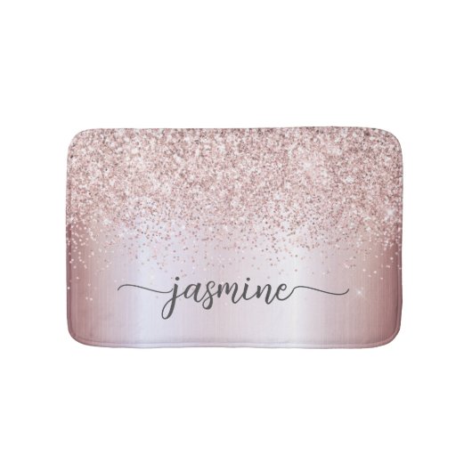 Rose Gold Glitzer Pink Metal Monogram Calligraphie Badematte (Vorderseite)