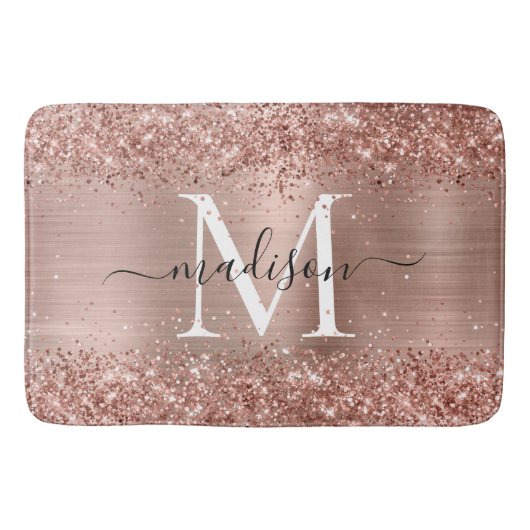 Rose Gold Glitzer Pinselmetall Monogram Script Badematte (Vorderseite)