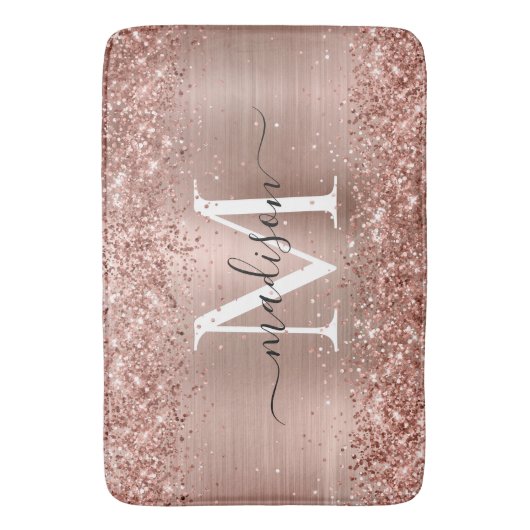 Rose Gold Glitzer Pinselmetall Monogram Script Badematte (Vorderseite Vertikal)