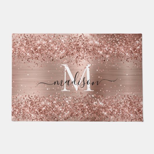 Rose Gold Glitzer Pinselmetall Monogram Script Fußmatte (Vorderseite)