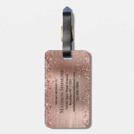 Rose Gold Glitzer Pinselmetall Monogram Script Gepäckanhänger (Rückseite vertikal)