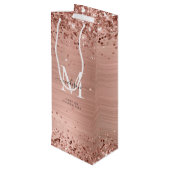 Rose Gold Glitzer Pinselmetall Monogram Script Geschenktüte Für Weinflaschen (Rückseite Schrägansicht)