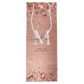 Rose Gold Glitzer Pinselmetall Monogram Script Geschenktüte Für Weinflaschen (Rückseite)