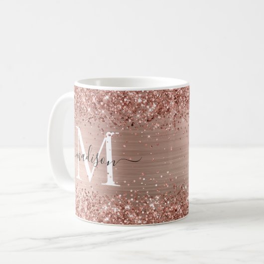 Rose Gold Glitzer Pinselmetall Monogram Script Kaffeetasse (Vorderseite Links)