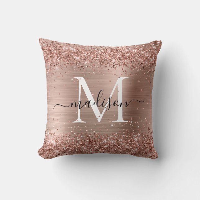 Rose Gold Glitzer Pinselmetall Monogram Script Kissen (Vorderseite)