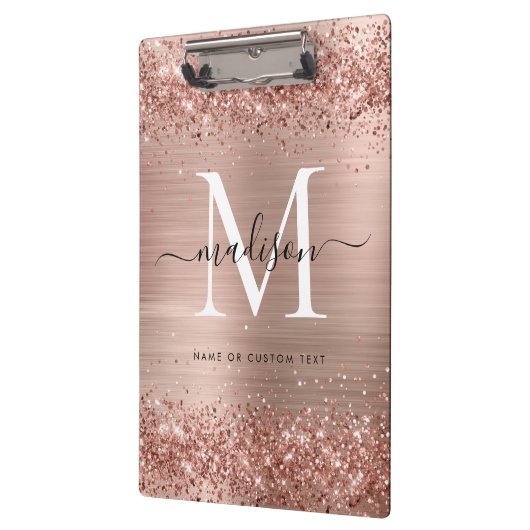 Rose Gold Glitzer Pinselmetall Monogram Script Klemmbrett (Links)