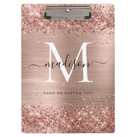 Rose Gold Glitzer Pinselmetall Monogram Script Klemmbrett (Vorderseite)