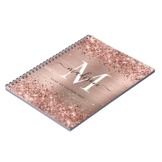 Rose Gold Glitzer Pinselmetall Monogram Script Notizblock (Linke Seite)