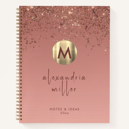 Rose Gold Glitzer Pinselmetall Monogram Script Notizblock (Vorderseite)