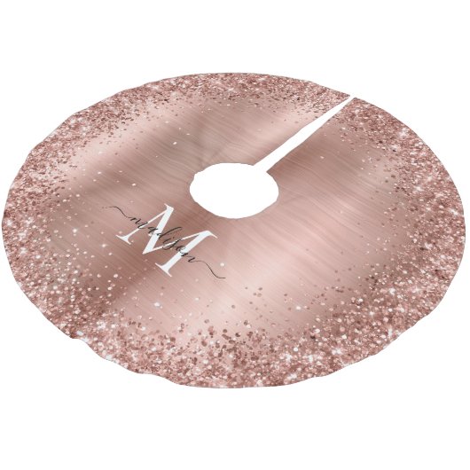Rose Gold Glitzer Pinselmetall Monogram Script Polyester Weihnachtsbaumdecke (Schrägansicht)