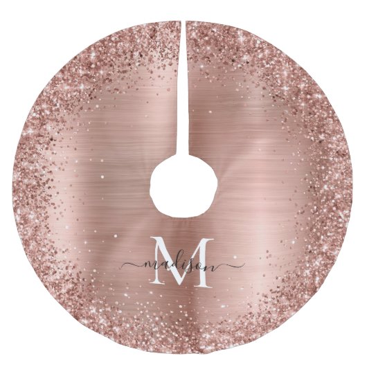 Rose Gold Glitzer Pinselmetall Monogram Script Polyester Weihnachtsbaumdecke (Vorderseite)