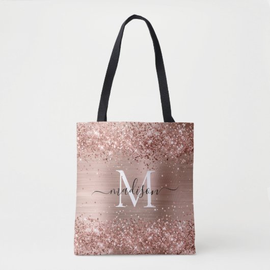 Rose Gold Glitzer Pinselmetall Monogram Script Tasche (Vorderseite)