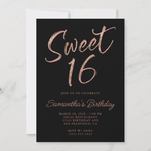 Rose Gold Glitzer Pinselschrift Sweet 16 Black Einladung (Vorderseite)