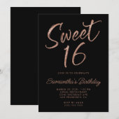 Rose Gold Glitzer Pinselschrift Sweet 16 Black Einladung (Vorne/Hinten)