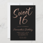 Rose Gold Glitzer Pinselschrift Sweet 16 Black Einladung<br><div class="desc">Schwarz mit Rose goldglänzende Handschrift Stift Pinsel Skript Sweet 16 Typografie. Passen Sie die Hintergrund- und Schriftart-Farben an, um Ihre eigene Geburtstagseinladung zu erstellen. Es gibt viele schöne dekorative moderne Kalligraphie-Schriftart für ihren Namen. Besondere 16. Geburtstagsfeier lädt sie ein. Beachten Sie, dass das Aussehen eines Glitzer ein digitales Kunstelement ist,...</div>