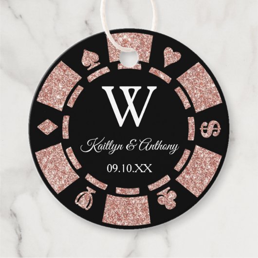 Rose Gold Glitzer Poker Chip Casino Hochzeitsfeier Geschenkanhänger (Vorderseite)
