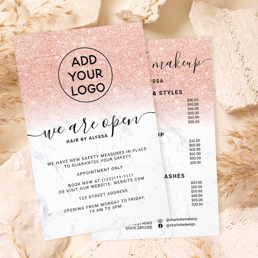 Rose Gold Glitzer Preise Logo Marmor Wir sind offe Flyer