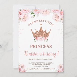 Rose Gold Glitzer Princess Crown 1. Geburtstag Einladung