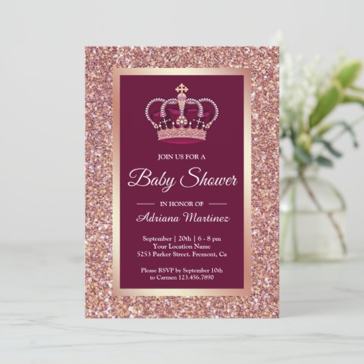 Rose Gold Glitzer Princess Crown Pink Baby Dusche Einladung (Stehend Vorderseite)