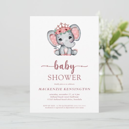 Rose Gold Glitzer Princess Elephant Baby Girl Einladung (Stehend Vorderseite)