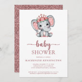 Rose Gold Glitzer Princess Elephant Baby Girl Einladung (Vorne/Hinten)