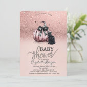 Rose Gold Glitzer Pumpkin Black Cat Baby Dusche Einladung (Stehend Vorderseite)