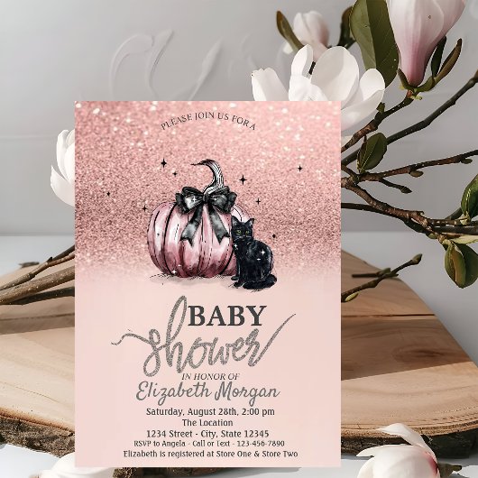 Rose Gold Glitzer Pumpkin Black Cat Baby Dusche Einladung